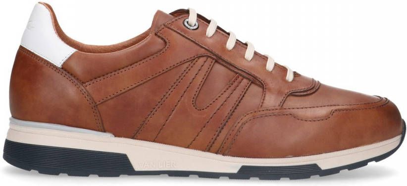 Van lier Cognac leren sneakers met donkerblauwe details